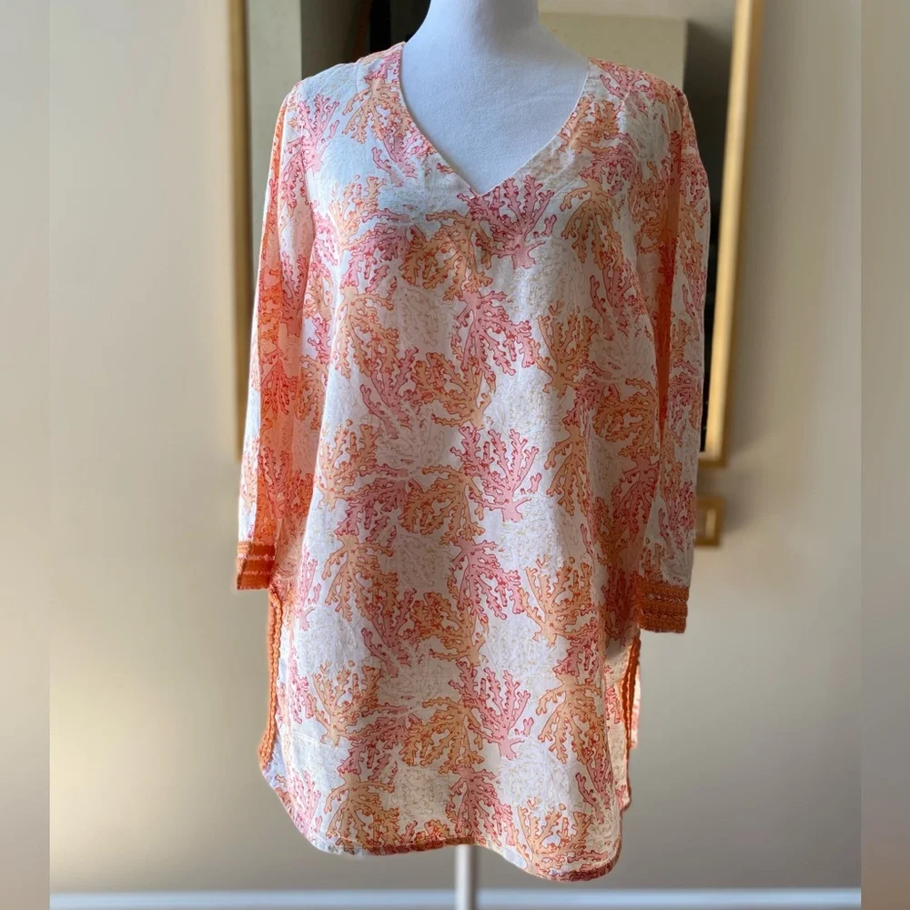 šŖø J. Jill sz.S Orangeā Multi Linen Blend Coral Reef Print Tunic Top Blouse - Picture 4 of 16